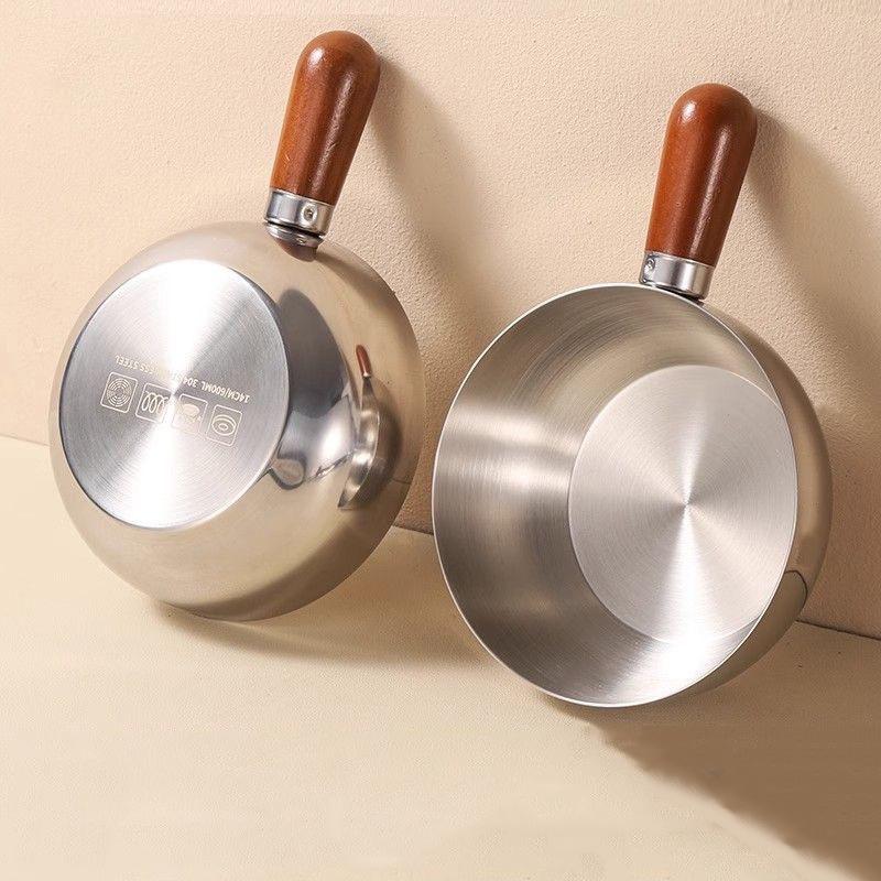 Single-Person Pot Stainless Steel Bowl Walnut Wood Handle Fruit Salad Yogurt Bowl Breakfast Cooking Tool Kitchen Restaurant