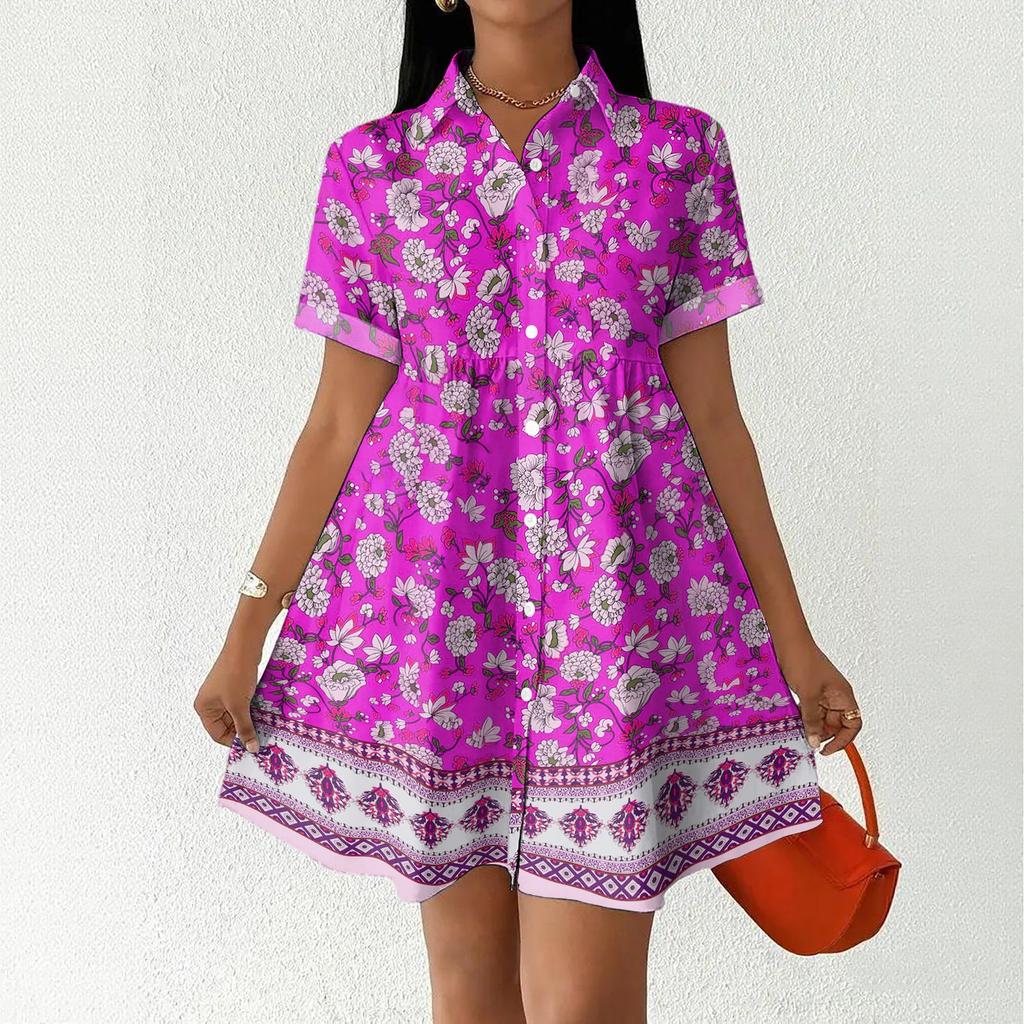 Women's Casual Loose Fit Shirt Dress Button Front Short Sleeve Collar Dress with Floral Print and Border Pattern Suitable for Daily Wear