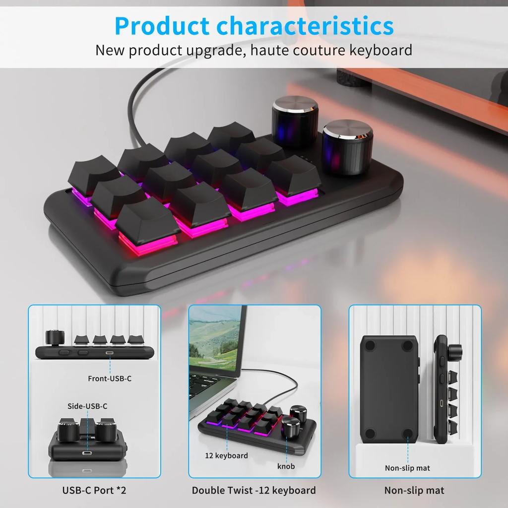 12 Keys 2 Knobs Macro Mini Keyboard USB Wired Bluetooth Programming Custom Mechanical Macropad Hot-swap Photoshop Gaming Keypad
