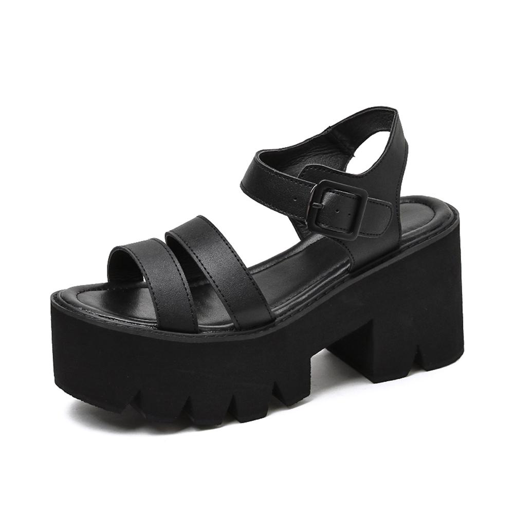 Gdgydh Women's Black Platform Sandals Comfy Open Toe Chunky Heel Buckle Strap Shoes Fashion Casual Solid Color School Shoes