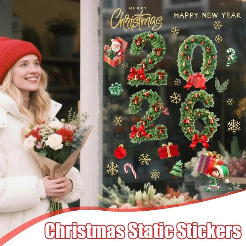 Christmas Glass Electrostatic Stickers | 2026 New Year Green Pine Needle Window Stickers Bow Party Decoration Festival Supplies