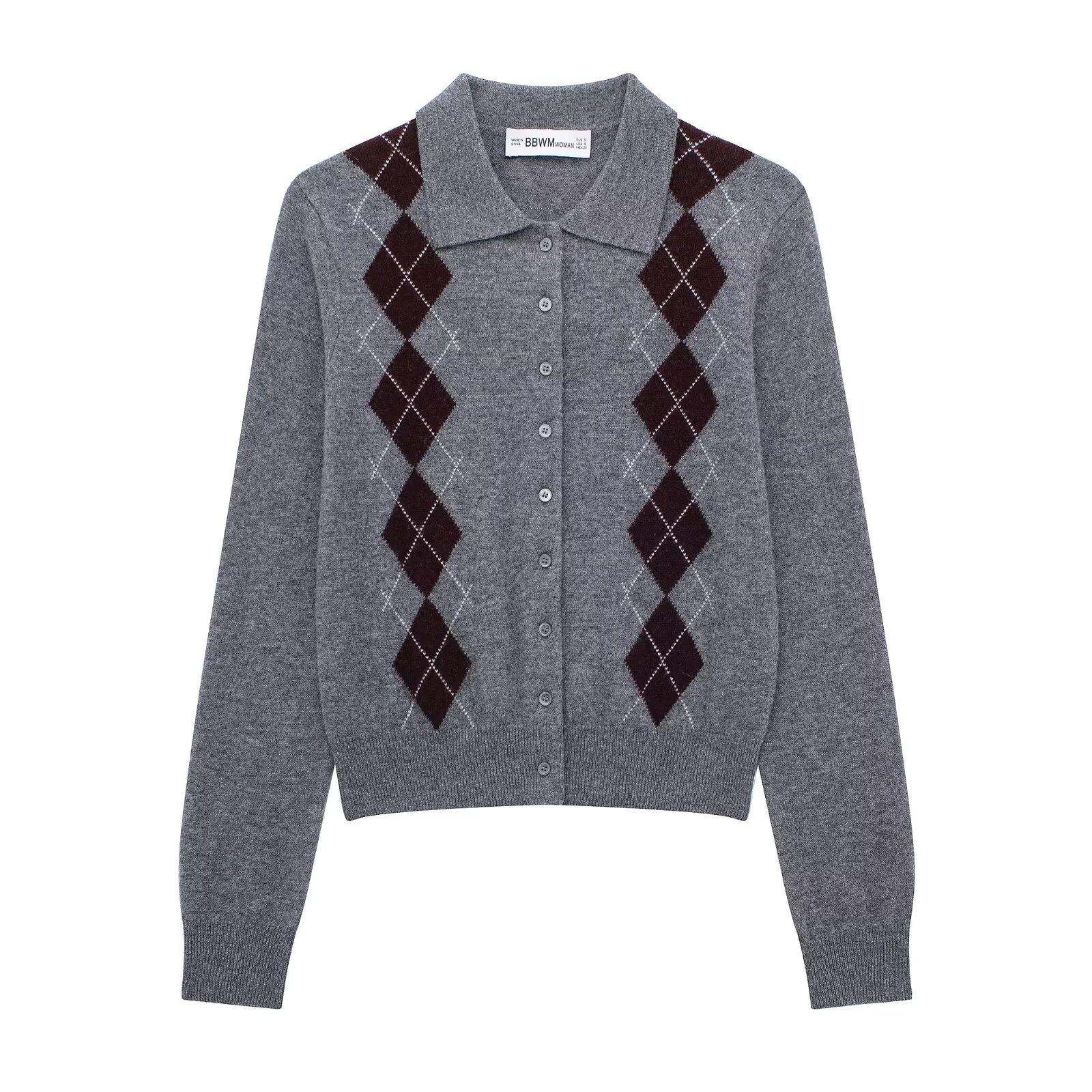 

TAOP&ZA Женский вязаный кардиган с отложным воротником и длинными рукавами, с ромбовидным узором, для ранней весны Small серый