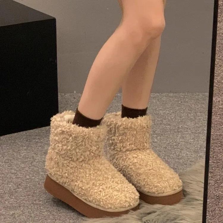 2024 Winter New Retro Thick Sole Woolen Velvet Snow Boots for Women Simple Cotton Boots