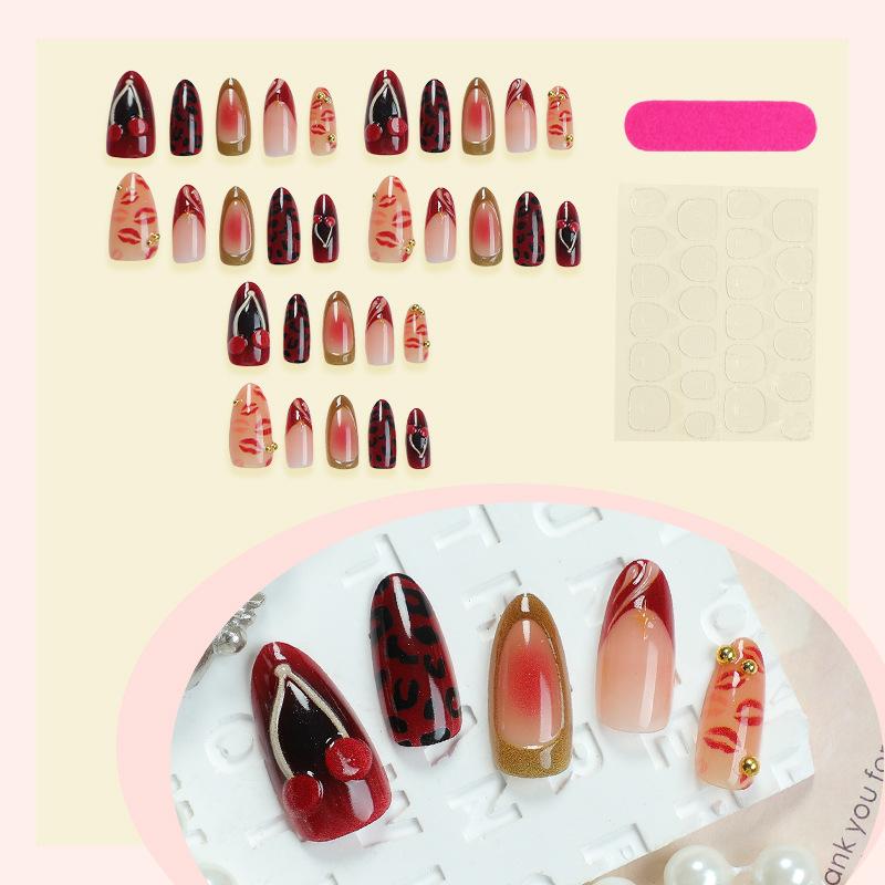 Leopard Print Press On Nails Almond 3D Embossed Removable False Nails for Women Long Stiletto 30Pcs Handmade Acrylic Nails