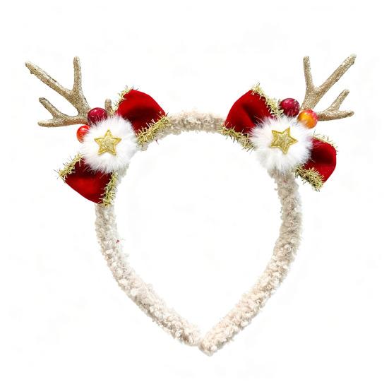 Christmas Headband for Women Fleece Reindeer Antlers Headband with Bow Pompoms for Xmas Party Supplies Halloween Cosplay Accessory
