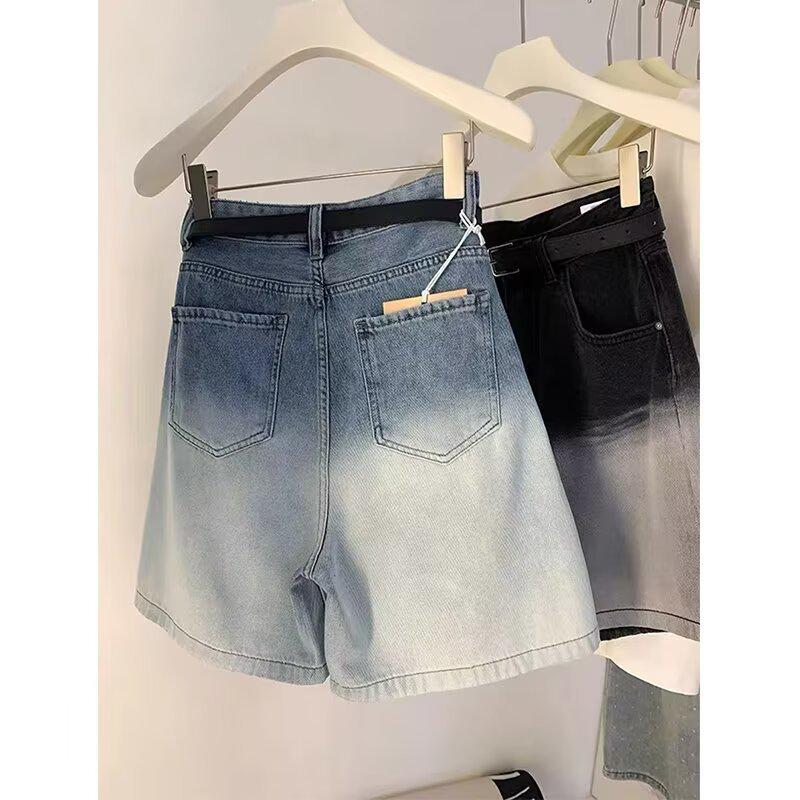 2025 Spring/Summer Women's Retro Gradient High-Waist Denim Shorts - Korean Fashion, Mid-Length, Straight Leg