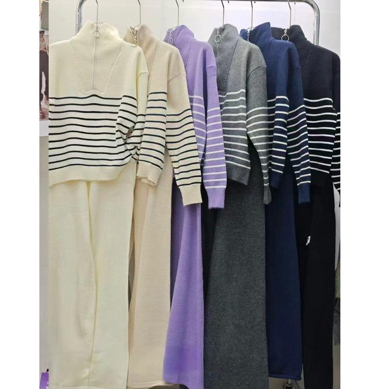 Lapel Half Zipper Striped Sweater Set Women's New Autumn and Winter Fashion Casual Wide-leg Pants Knitted Two-piece Set