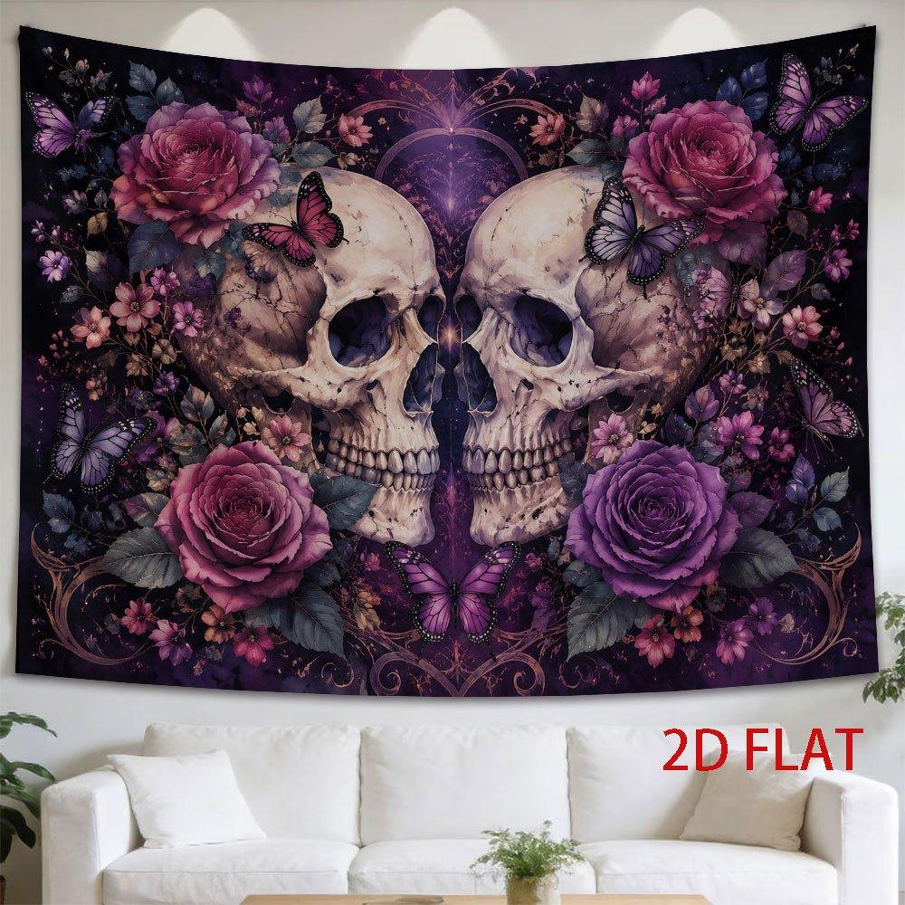 2D Flat, 1pc Gothic Dark Art Tapestry Wall Hanging - Dual Skull with Roses & Butterflies, Horizontal Flat Panel Suitable for,, Gothic Wall Hanging, Fa