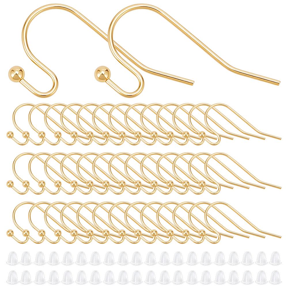 100Pcs Long-Lasting Plated Brass Earring Hooks, Nickel Free, 100Pcs Plastic Ear Nuts, Real 18K Gold Plated, 21x2mm, 19 Gauge, Pin: 0.9mm