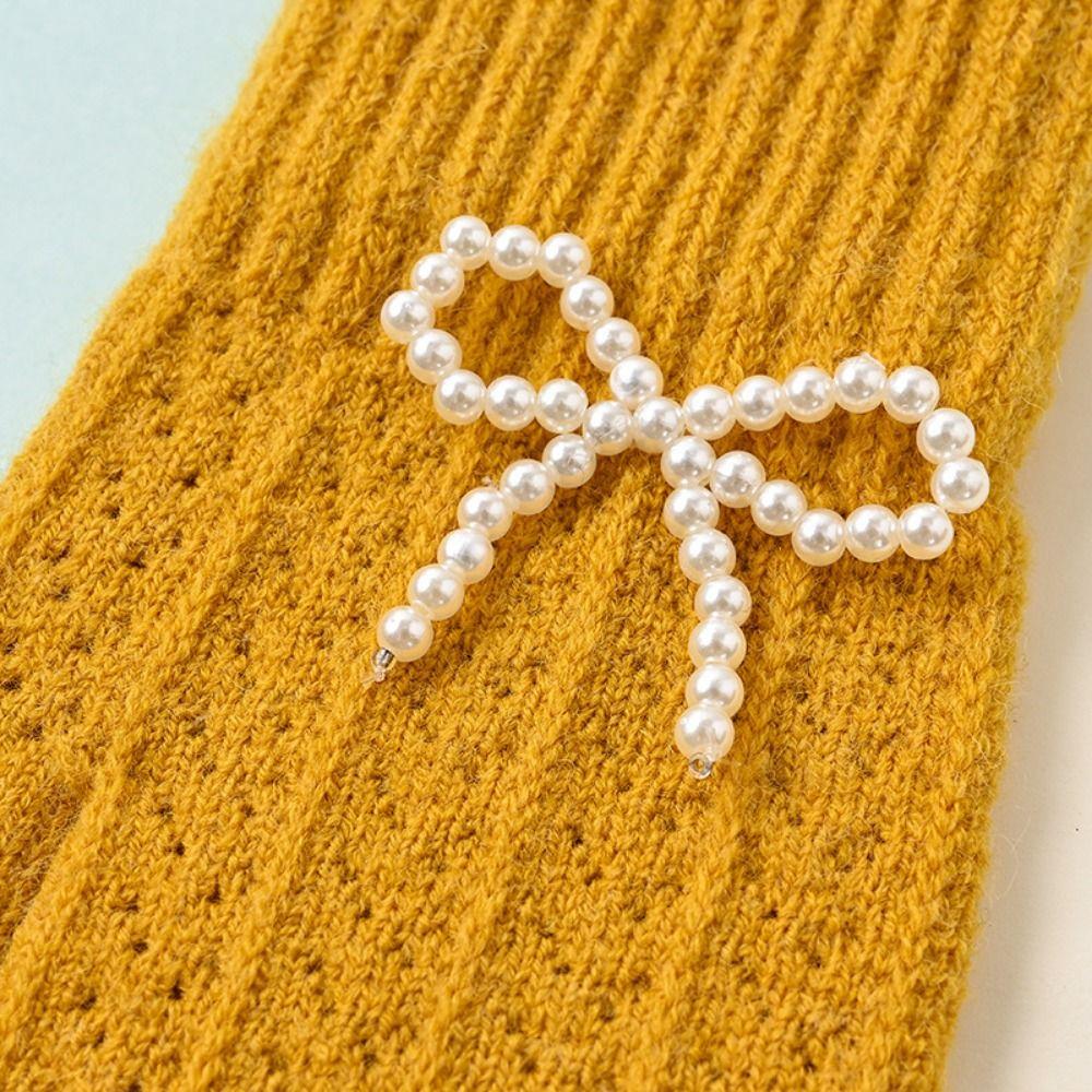 Fashion Pearl Bow Knitted Gloves Kawaii Women Mittens New Warm Fullfinger Gloves