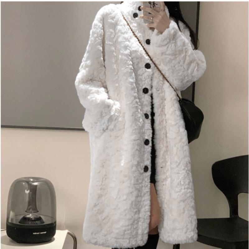 Lamb wool imitation fur jacket women's clothing long coat over the knee design imitation rabbit velvet thickened loose stand-up collar hair