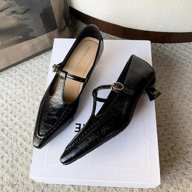 Elegant Pointed Toe Mary Jane Shoes Women's Spring Autumn New Style Thin Medium Heel Leatherette Single Shoes Buckle Strap