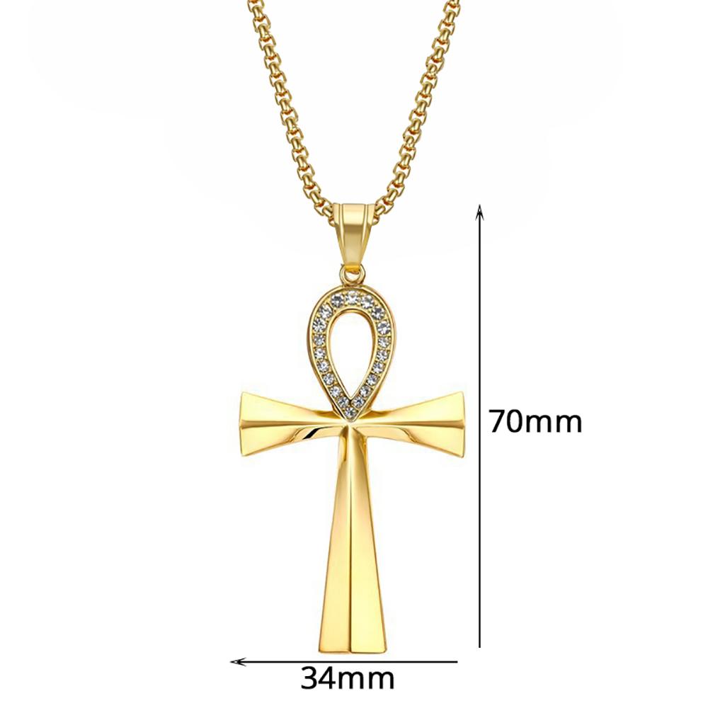 Egypt Iced Out Bling Ankh Cross Pendant Necklace Women Men Key of Life Gold Color Stainless Steel Rhinestones Egyptian Jewelry