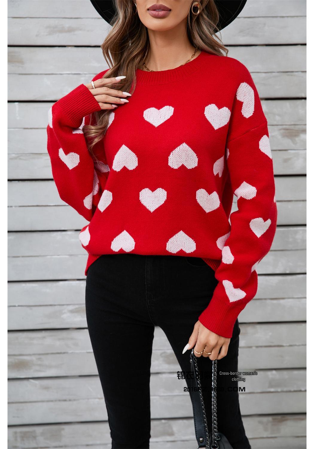 2026 Spring Love Heart Valentine s Day Plus Size Sweater - European & American Style Round Neck Pullover with Heart Pattern Medium красный