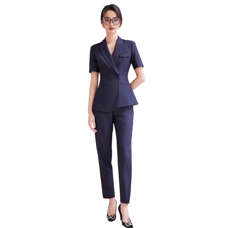 Navy Blue Summer 2024 Women's Short-Sleeve Casual Suit Set - Two-Piece for Teachers