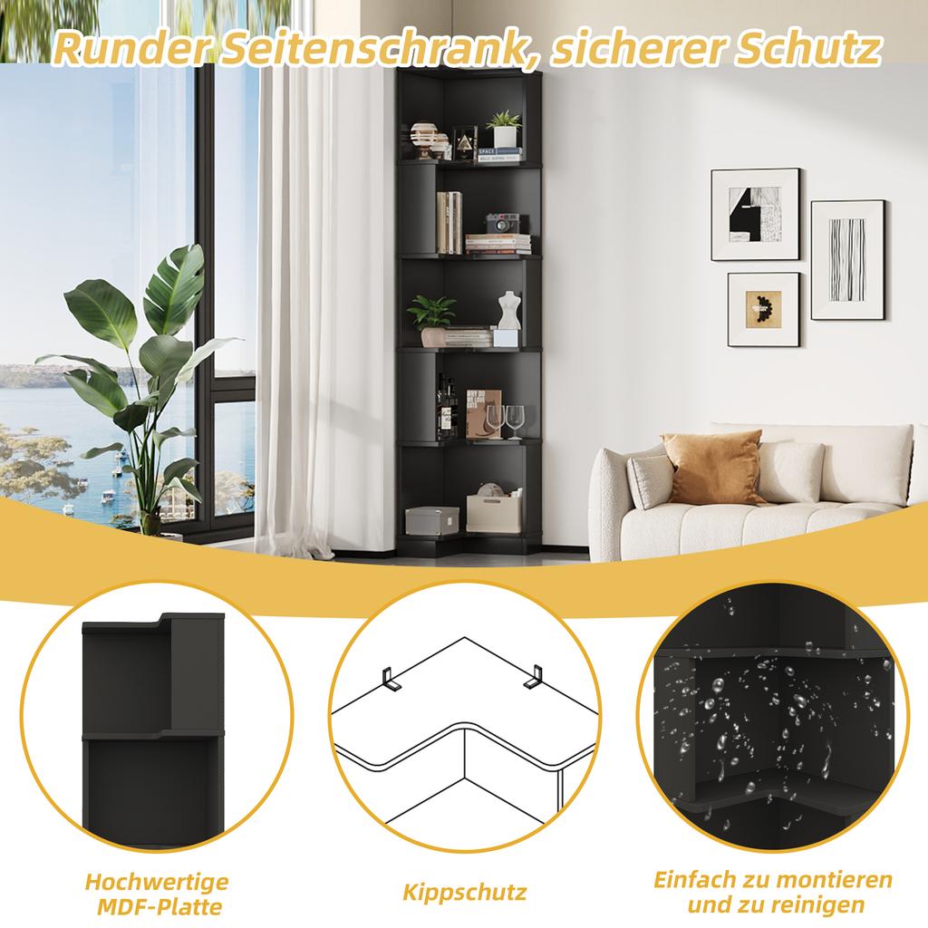 63.5 x 45 x 175cm Corner Bookshelf, Multifunctional, L-Shaped, LED Color-Changing Light Strip, App Control, Five-Tier Storage, Black