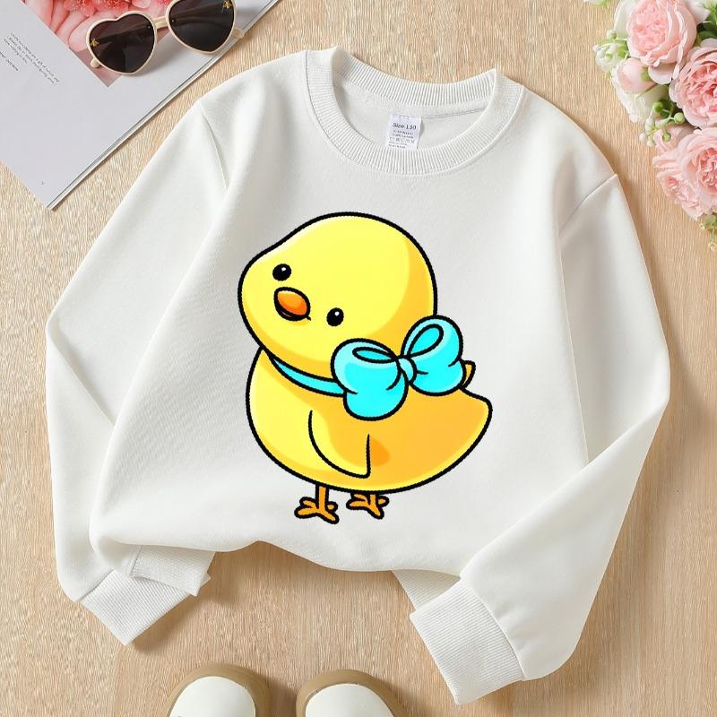 Kids Crewneck Sweatshirt, Cute Yellow Chick with Blue Bow Print, Soft Casual Pullover for Fall Winter