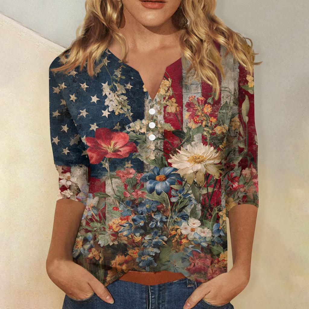 Women Casual V Neck Button Three Quarter Sleeve Top Floral Print Lightweight Loose Fit Blouse for Summer Autumn