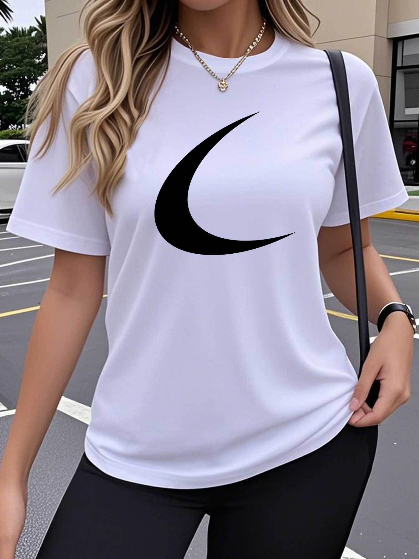 

Single-Piece Women S Short-Sleeved T-Shirt, Curved Geometric Creative Design Art Trend Design Fun Popular Print Pattern, S белый