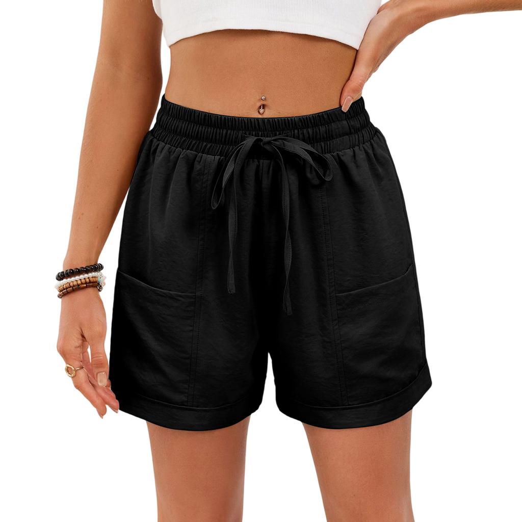 Women's Casual Fashion -Color Elastic Waistband Pocketed Wide-Leg Straight-Cut Shorts