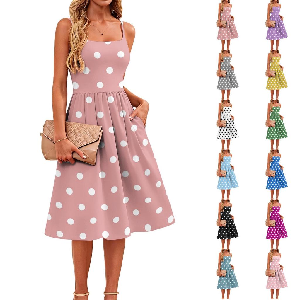 Sleeveless Adjustable Strap Dress with Pockets Polka Dot Print Casual Midi Dress for Women Summer Everyday Wear