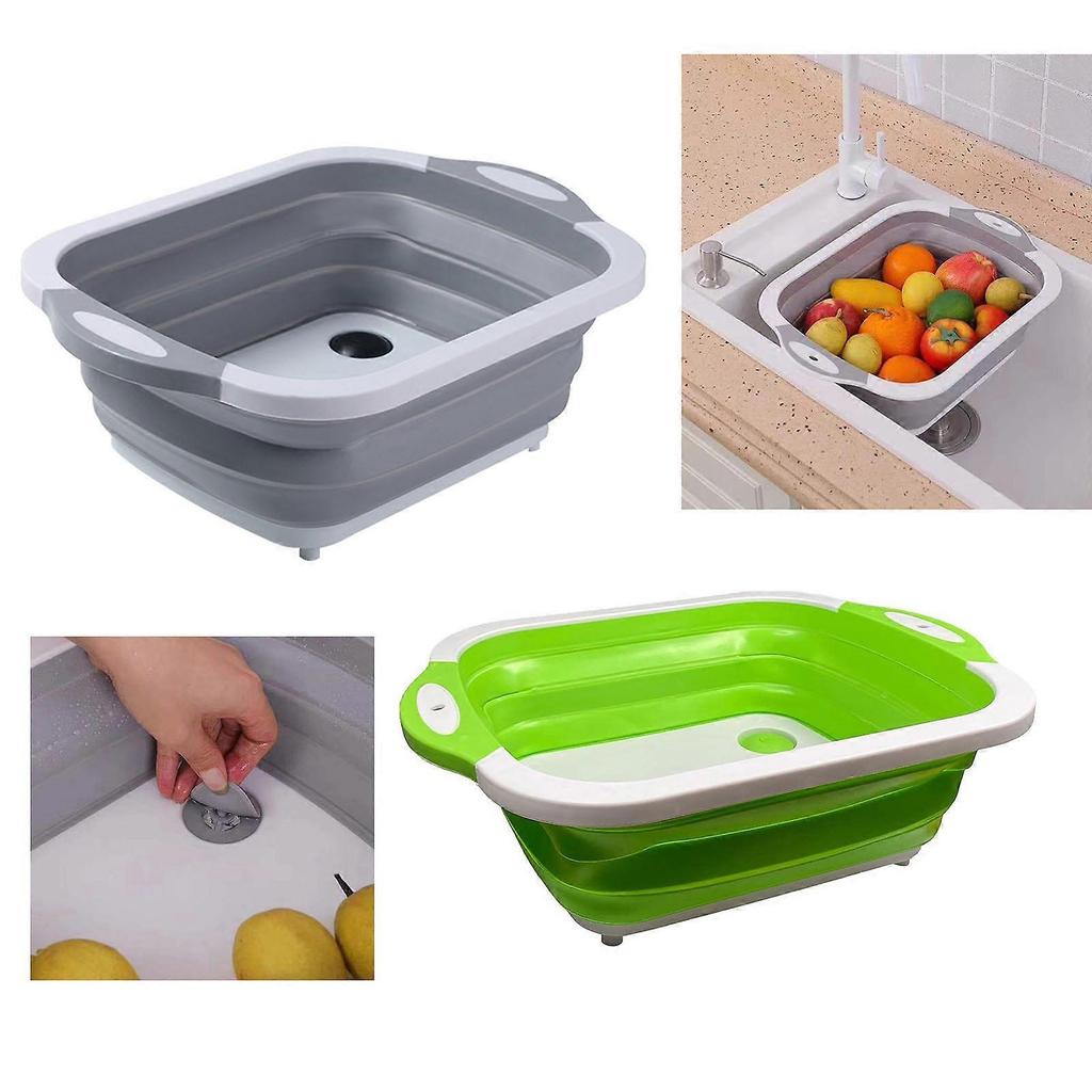 Foldable Drain Basket Camping Chopping Board for Washing Storing Fruit and Vegetables Plastic Storage Basket for Kitchen Grey less