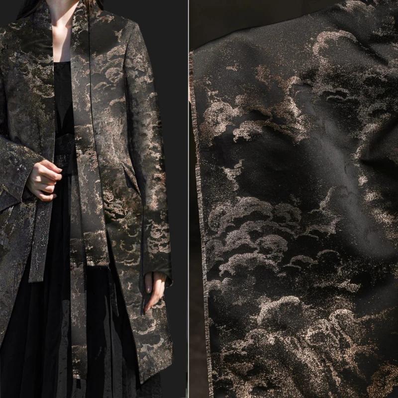 

Jacquard Chinese Style Xiangyun Black Gold Moire Cloth Retro Gilt Chinese Horse Skirt Coat Clothing Designer Fabric 50x145cm