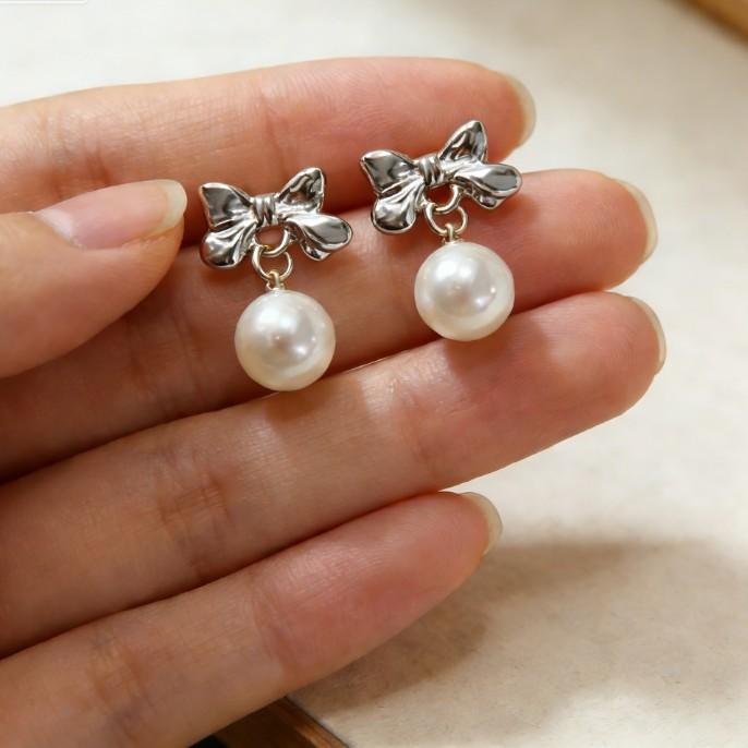 Delicate bow pearl pendant stud earrings temperament commuter earrings earrings