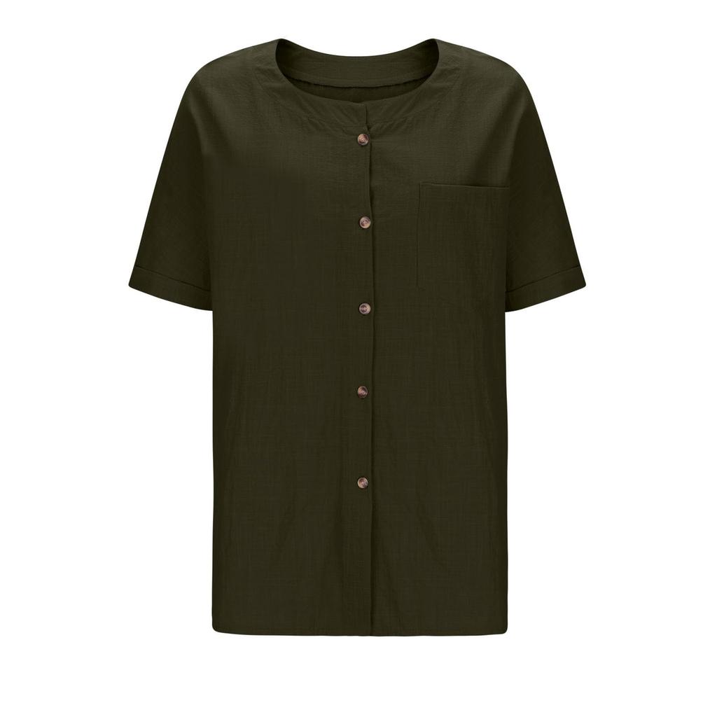 Women's Fashionable Loose-Fit Casual Shirt Button-Up Short-Sleeve Cotton-Linen Blend Top