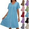 Women Short Sleeve Round Neck Zip Front Loose Fit Nightdress with Pockets Casual Home Lounge Dress Comfortable Design