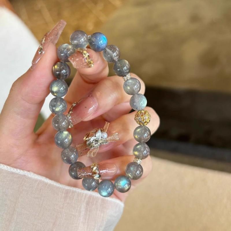 Natural Gray Moonstone Crystal Bracelet Women Elegant Handmade Love Protection Charm Fashionable Daily Wear
