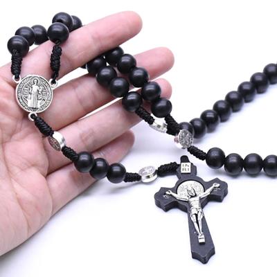 Religiöse Holz Antik Schwarz Kreuz Rosenkranz Anhänger Jesus Saint Perlen Halsketten