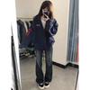 Women's Navy Blue Embroidered Hooded Cardigan Sweatshirt, Autumn Thin Style, High Street Loose Trendy Outerwear 2025.