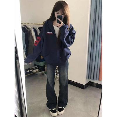 Women's Navy Blue Embroidered Hooded Cardigan Sweatshirt, Autumn Thin Style, High Street Loose Trendy Outerwear 2025.
