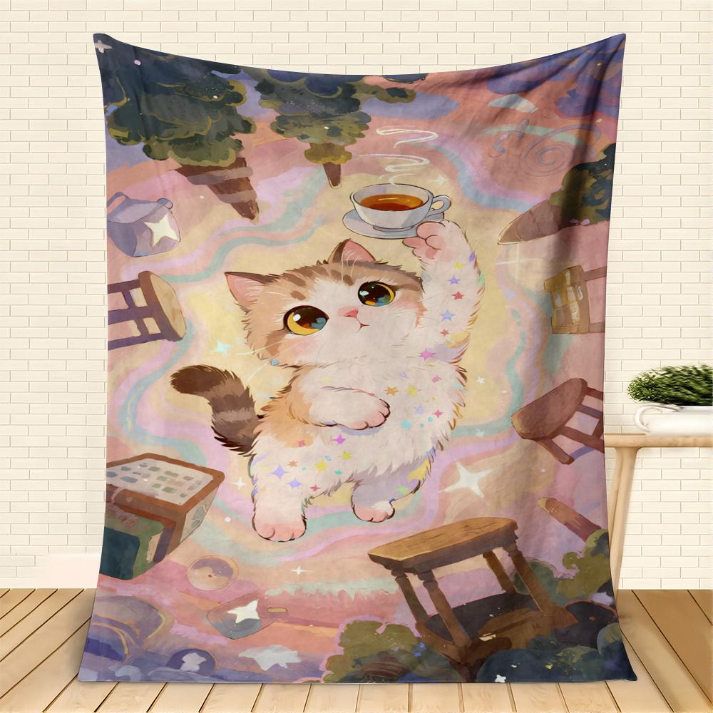 

Fantasy Cat Tea patterns Flannel printed blanket suitable for all seasons suitable for living room office sofa and travel 75x100cm