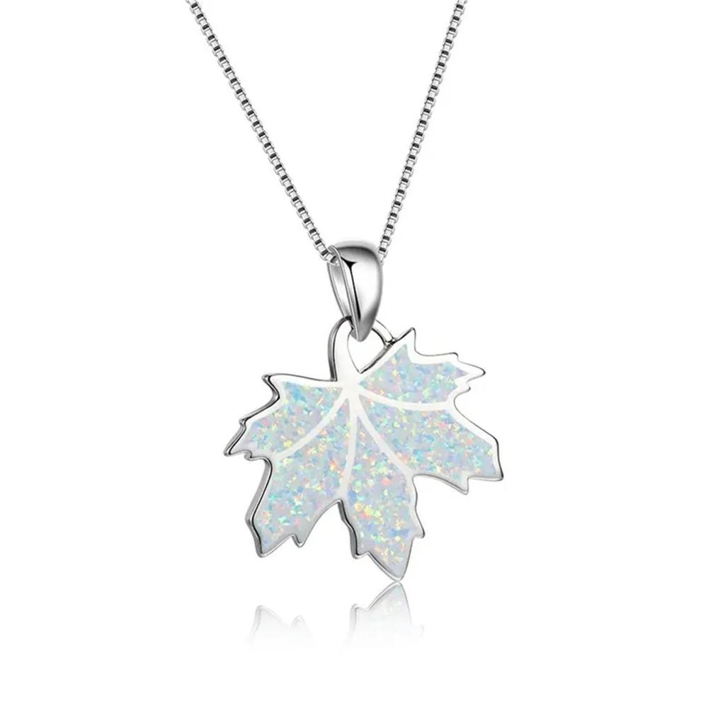 Modische Herbst-Ahornblatt-Anhänger-Halskette für Damen, eingelegt mit blauem Imitationsopal, Hochzeits-Schmuck, Weihnachtsgeschenke für sie