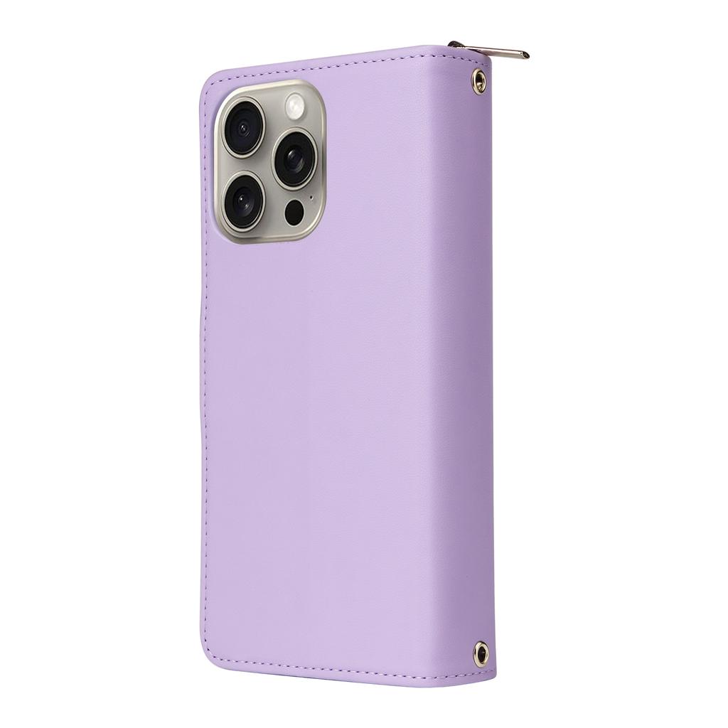 R20 For iPhone 15 Pro Case Zipper Pocket PU Leather Cover with 9 Card Slots