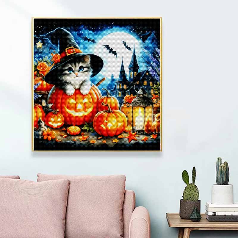 New Arrival 5D DIY Full Circle Diamond Painting "Halloween with Kittens" Embroidery Cross Stitch Home Decor Gift
