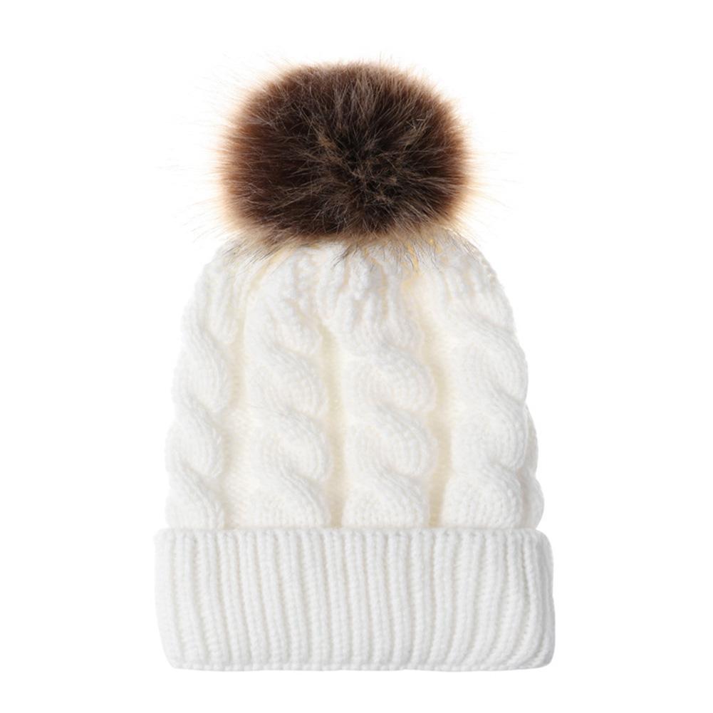 Women Knitted Cap Fashionable Solid Color Fuzzy Ball Warm Hat Cap