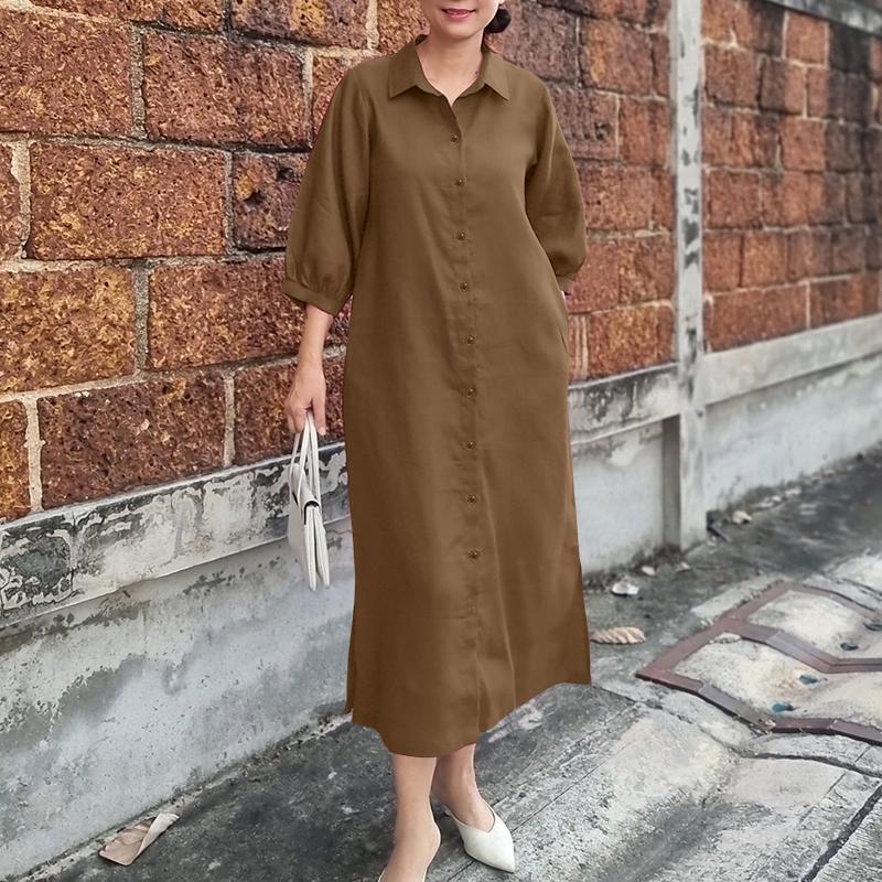 

ZANZEA Women Casual Turn Down Collar Loose 3/4 Sleeve Solid Shirt Dress 5XL коричневый