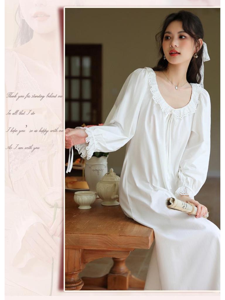 Cămașă de noapte de bumbac cu mâneci lungi pentru femei, stil curte - Largă, mărime plus, moale, pijama de toamnă/iarnă pentru purtare în interior/exterior