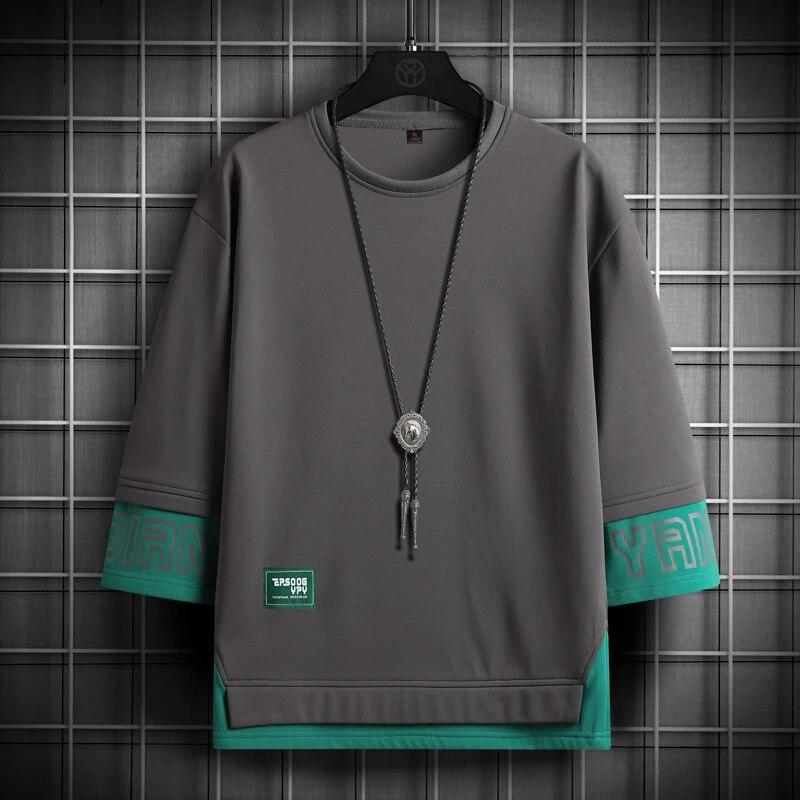 Men's Short-sleeved Casual Color Blocking Seven-minute Sleeve T-shirt