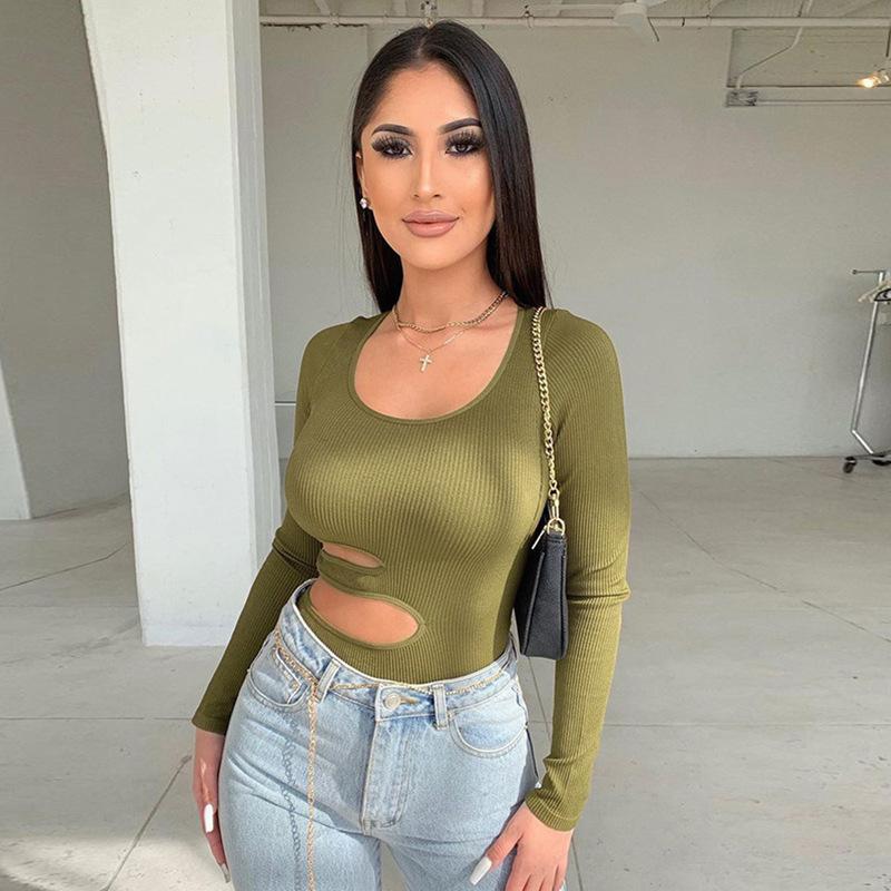 Women's Autumn Fashion Slim Fit Solid Color Round Neck Hollow Out Long Sleeved Jumpsuit