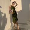 Summer New Medium Length Avocado Green Small Fairy Skirt Word Waist Drawstring Suspender Holiday Dress Woman