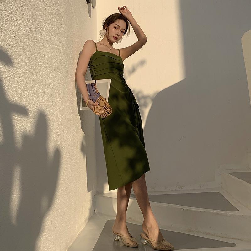 Summer New Medium Length Avocado Green Small Fairy Skirt Word Waist Drawstring Suspender Holiday Dress Woman