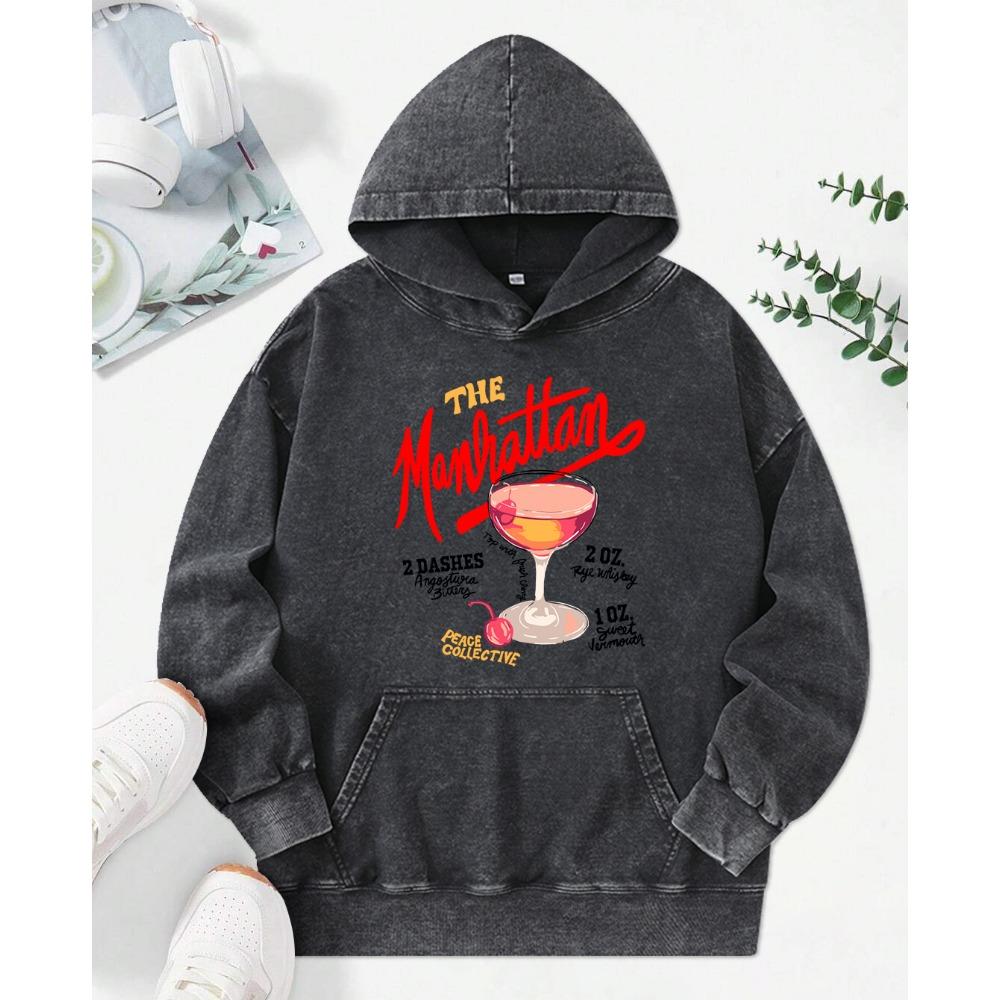 Der Manhattan Cherry Cocktail Print Washed Hoody Damen Y2K Hip Hop Kleidung Lässiger Baumwoll-Hoodie Oversize Pullover Weiblich