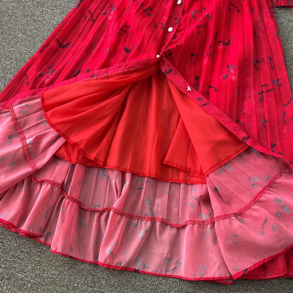 Autumn Women Vintage Printed Pleated Long Dress Female Red/Green/Blue/Yellow Draped Ruffle Single Breasted Maxi Robe Vacation Dresses