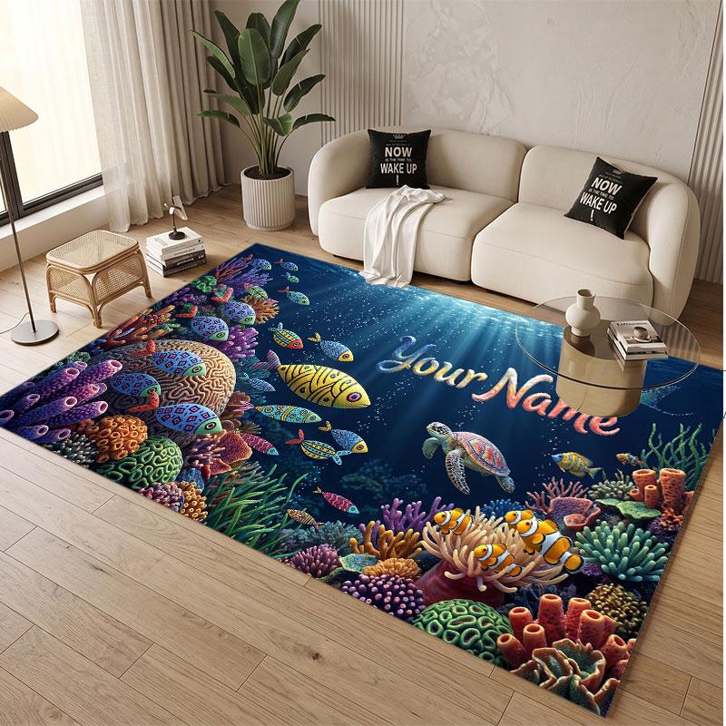 Fish Ocean Theme Soft Crystal Velvet Rug Custom Name & Text Print Non Slip Floor Rug for Bedroom Living Room
