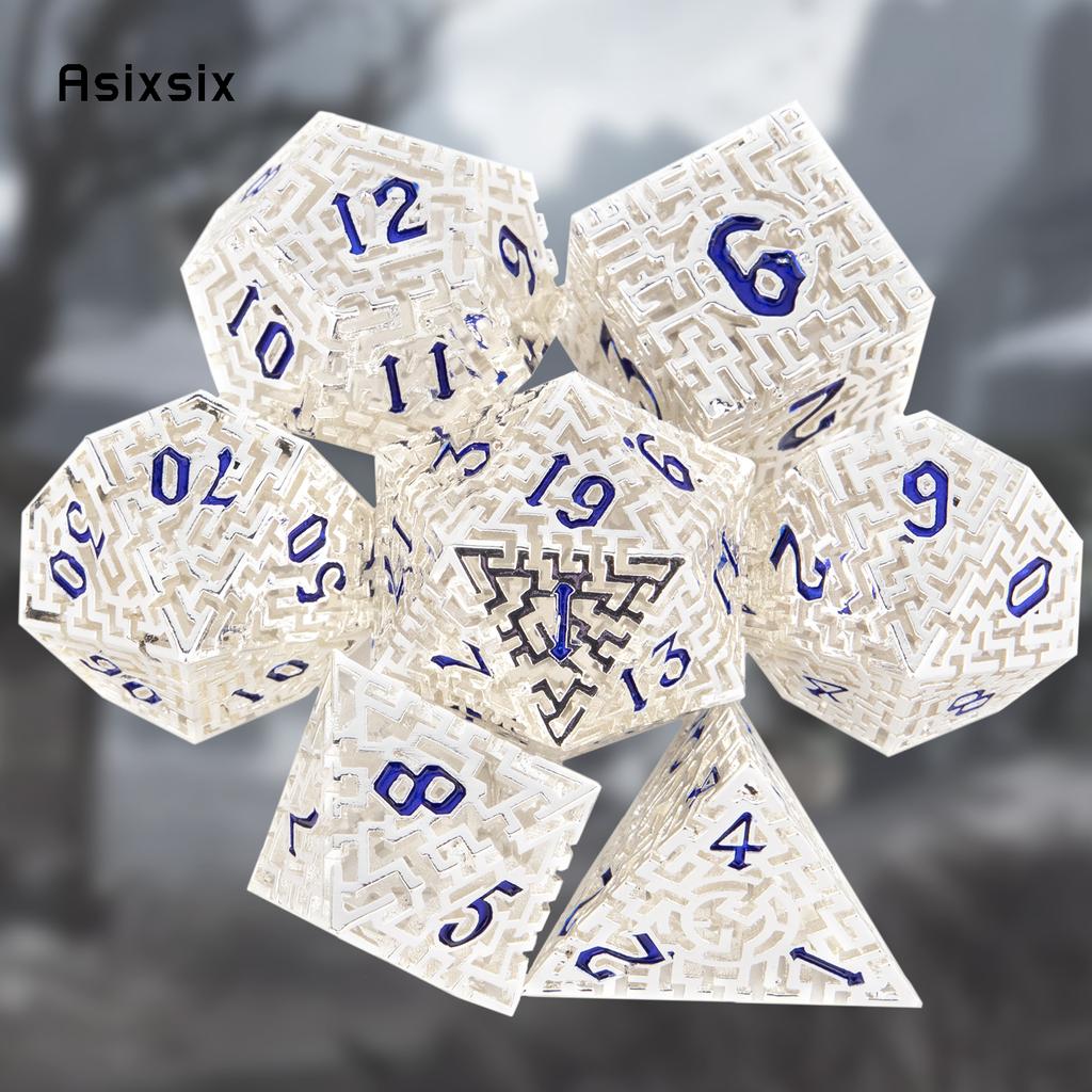 7 Pcs  White Blue Metal Dice Maze Hollow Metal Polyhedral Dice Set Suitable for Role-Playing RPG  Board Game Card Game