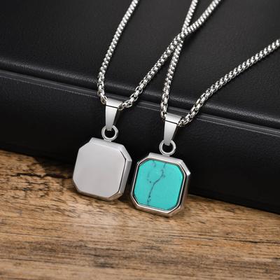 Man Necklaces Stainless Steel Jewelry Square Natural Stone Stylish Punk Geometric Polygon Pendant Boy Valentine's Day Gift